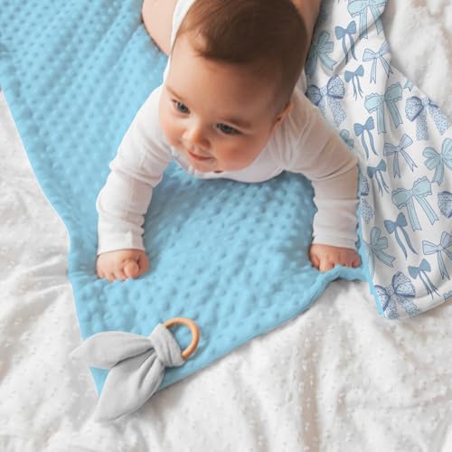 Image of Blue Baby Blankets for Boys 30 inch x 40 inch, Soft Double Layer Minky Blanket with Dotted Fleece Back, Nursery Bed Receiving Quilt for Newborn Infant Toddler Shower Gift Bow Ribbon Theme