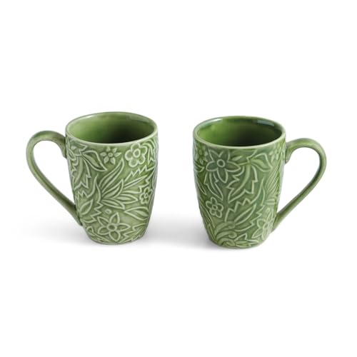 Image of ExclusiveLane 'Green Flora' Ceramic Coffee Mugs Set of 2 (Set of 2, 290 ml, Microwave and Dishwasher Safe, Hand-Embossed) | Ceramic Coffee Mug Coffee Cup Set of 2 Tea Mugs Set Tea Cups Ceramic Mugs