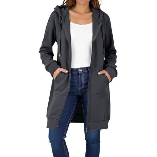 Image of women's jumpers Sweatshirts for Women UK Oversize Zipper Longline Lightweight Long Sleeve Hooded Cardigan Jackets Zip Up Hoodies with Pockets 2025 Fasion Clothes Outdoor Wear Dark Gray M