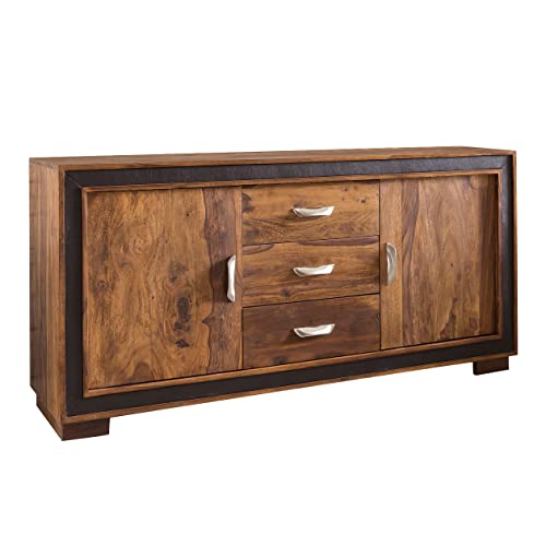 FineBuy Sideboard Sheesham Massivholz 160 cm 2 Türen & 3 Schubladen - Massive Retro Kommode mit Leder - Design Natur Anrichte - Handmade Industrial FineBuy Sideboard Sheesham Massivholz 160 cm 2 Türen & 3 Schubladen - Massive Retro Kommode mit Leder - Design Natur Anrichte - Handmade Industrial
