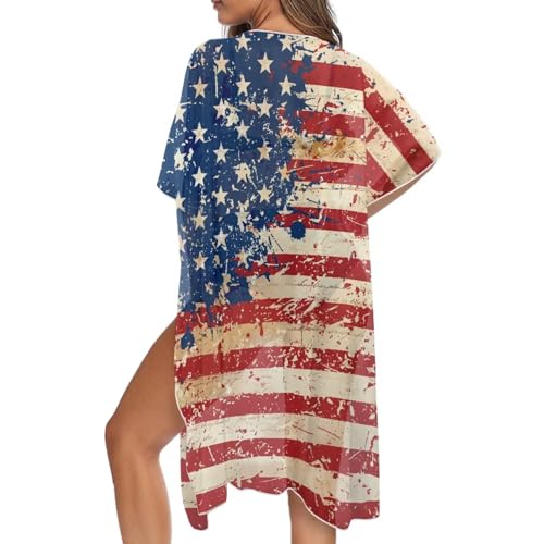 Pareo de playa de bandera americana para cubrir el traje de baño en cárdigan kimono fresco