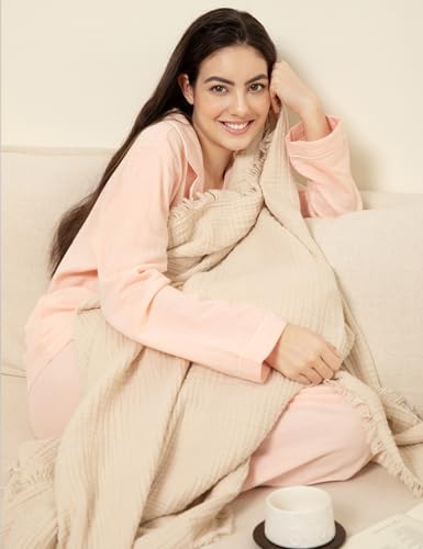 Image of Womens Muslin Pajama Set 100% Cotton Double Gauze Linen Like | Breathable Soft Comfort Button Up Loungewear Sleepwear PJ Set