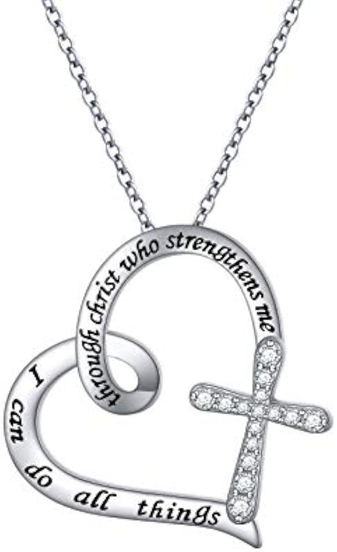DAOCHONG S925 Sterling Silver Christian Cross Heart Inspirational Faith Bible Verse Necklace & Rinags for Women Teen Girl Gift