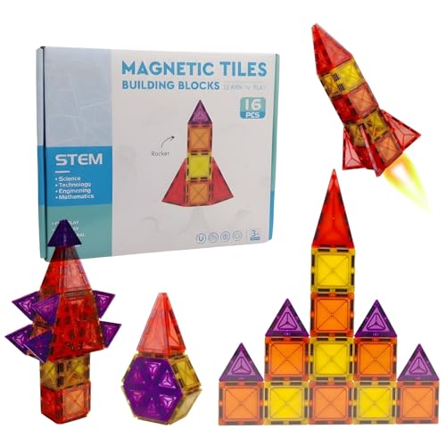 Image of TOYTASTIC Magnetic Tiles Building Blocks for Kids Preschool Educational Magnetic Construction Toys for Creative Learning & Brain Development Safe STEM Toy for Toddlers Age 3-8 Years (16 Pieces)