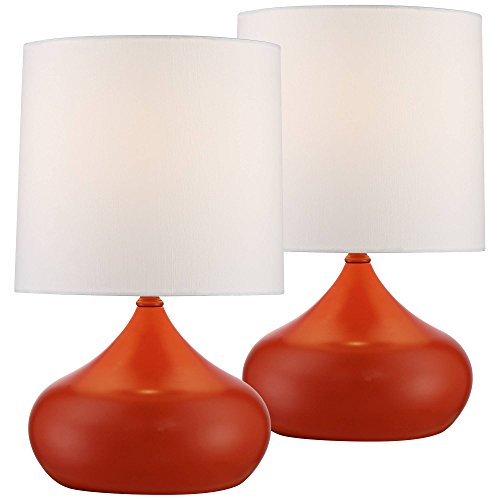 360 Lighting Mid Century Modern Mini Accent Table Lamps Set Of 2 14 3/4" High Bright Orange Steel Droplet White Fabric Drum Shade Decor For Bedroom House Bedside Nightstand Home Office #TOP5