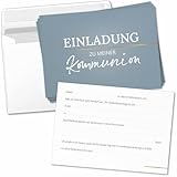 8 Einladungskarten Einladung Kommunion mit Umschlag zum selber ausfüllen - Heilige Kommunion Einladungen Postkarten Umschläge Modern edel grau blau