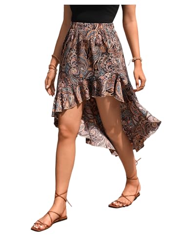 Verdusa Women's Boho Paisley High Low Skirt Western Asymmetrical Ruffle Skirts