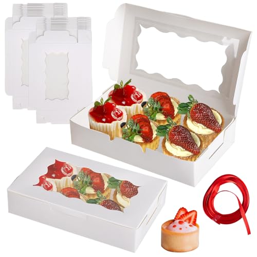 Velicber 20 Piezas Caja de Repostería Blanca Cajas Para Tartas con Ventana Transparente y Cinta Roja Cajas de Papel Kraft Blanco para Regalo, Navidad, Galletas, Pastelería, Tarta, Bizcochos