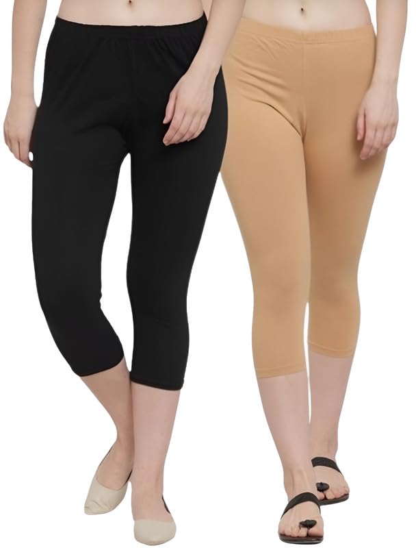 arihant plazma Women's Premium Cotton Hosiery 4-Way Lycra Skinny Fit 3/4th Capri Leggings Combo (Pack of 2) |Trendy and Comfortable Waist Size: L-(28-34), XL-(34-40) Inch-picture-43