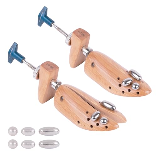 FootFitter Estirador de zapatos profesional de 2 vías para hombres y mujeres, amplía la longitud y el ancho, diseño de madera y acero (paquete de 2), Marrón, Men's L (11.5-13.5)