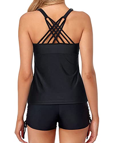 Yonique Womens Tankini Swimsuits Athletic Two Piece Tummy Control Bathing Suits With Shorts Modest Tank Tops Black M #TOP1