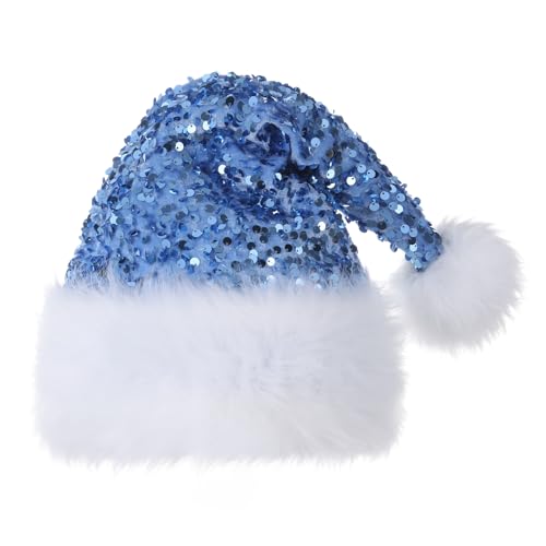 Slsxip Personalized Sequin Santa Hat for Adults Light Blue Glitter Christmas Party Hat Xmas Halloween New Year Holiday Festive Headwear