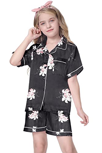 Image of Schbbbta Girls Womens Pajamas, Satin Silky Pjs Set Kids 2Pcs Button-Down Nightwear Sleepwear Gift for Mommy and me