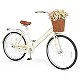 GYMAX Beach Cruiser Bike for Adults, 24/26 Inch Commuter Bicycle for Women with Rattan Basket, Ergonomic Low Step-Through Frame, Rear Rack & Adjustable Seat, City Bike Cruiser Bicycle (24 inch,Beige)