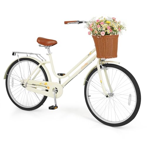 GYMAX Beach Cruiser Bike for Adults, 24/26 Inch Commuter Bicycle for Women with Rattan Basket, Ergonomic Low Step-Through Frame, Rear Rack & Adjustable Seat, City Bike Cruiser Bicycle (24 inch,Beige)
