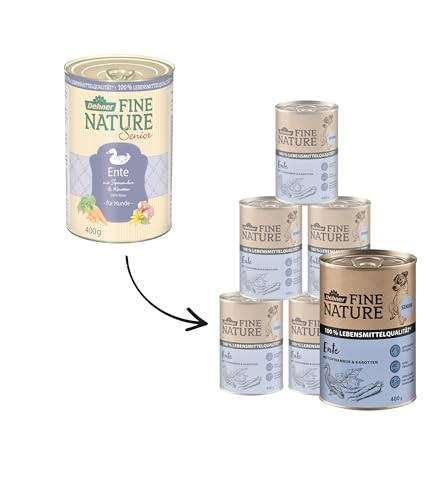 Dehner Fine Nature Hundefutter, Nassfutter in Lebensmittelqualität, für ältere Hunde, Ente, 6 x 400 g Dose (2.4 kg)