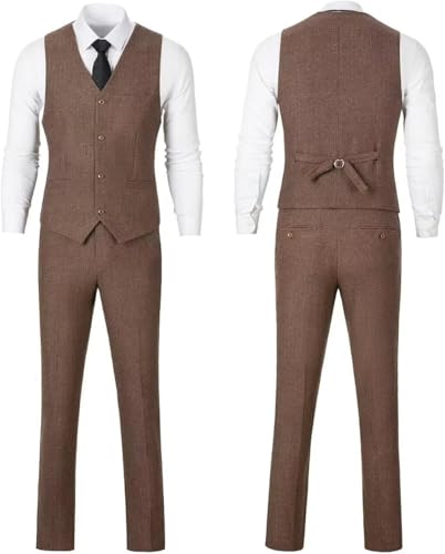 Retro 3 Piece Herringbone Tweed Suit Men's Wool Tuxedos Set Prom Brown Grey Jacket Blazer Vest Pants Themed Wedding L4