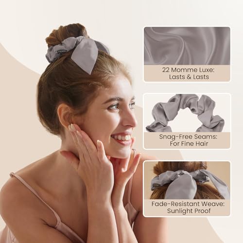 Image of THXSILK 100% Mulberry Silk Bow Scrunchies 3-Pack, 22 Momme Mulberry Silk Hair Ties for Women, Cute Bunny Ear No Damage Ponytail Holders, Fashion Hair Accessories for Girls(M, Grey)