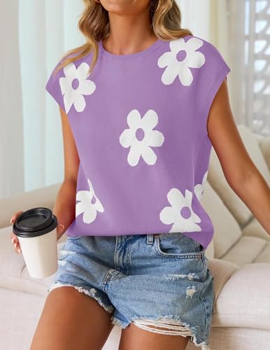 Image of ZESICA Women's Summer Trendy Knit Top 2026 Floral Print Short Sleeve Crewneck Loose Fit Sweater Vest Going Out Clothes