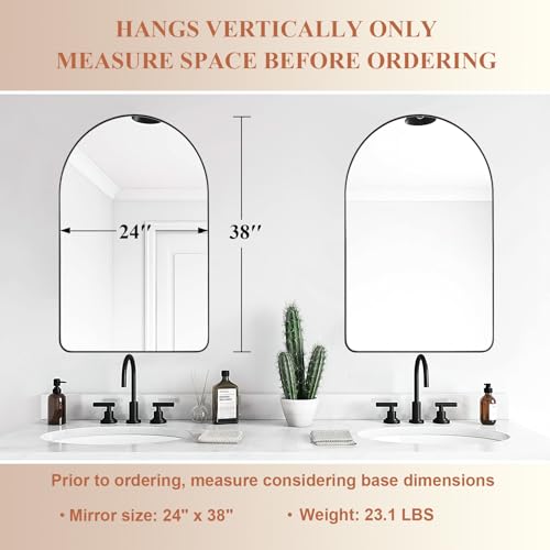 Image of ANDY STAR Arched Mirror, 24 inch x 38 inch Black Bathroom Mirror in Stainless Steel Metal Frame, Arch Top Rounded Corner 1 inch Deep Set Design Wall Mount Hangs Vertical