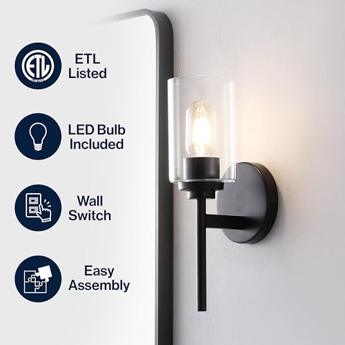 Image of JONATHAN Y 13 inch Black Clear 1-Light Metal Cylinder Wall Sconce Farmhouse Industrial Modern Indoor Lighting for Hallway Bathroom with Glass Shade LED Bulb Included JYL9547D