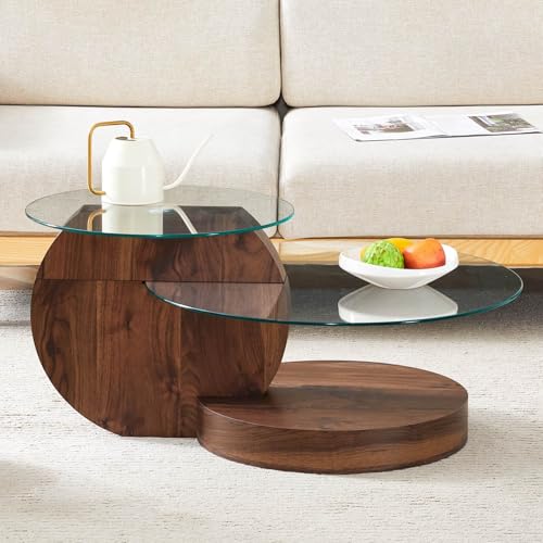 EURHCIO Table Basse Ronde Bois 90x70x44cm,Table D'appoint avec Conception à Double Vitrage,Base Robuste en MDF,pour Bout de Canape,Bureau,Salon(C-Noyer)
