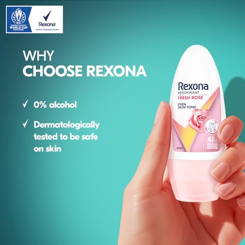 Image of Rexona Fresh Rose Even Skin Tone Underarm Roll-On Deodorant for Women | 48-Hour Odour Protection, 0% Alcohol | 50ml (Pack of 2)
