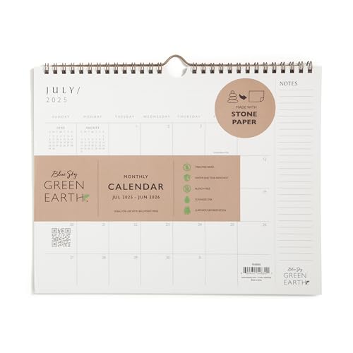 Blue Sky Green Earth 2025-2026 Monthly Academic Year Wall Calendar, July 2025 - June 2026, 11" x 8.75", Durable Twin Wire Binding, Made With Tree-Free Stone Paper, Soy Based Ink, Standard Stone