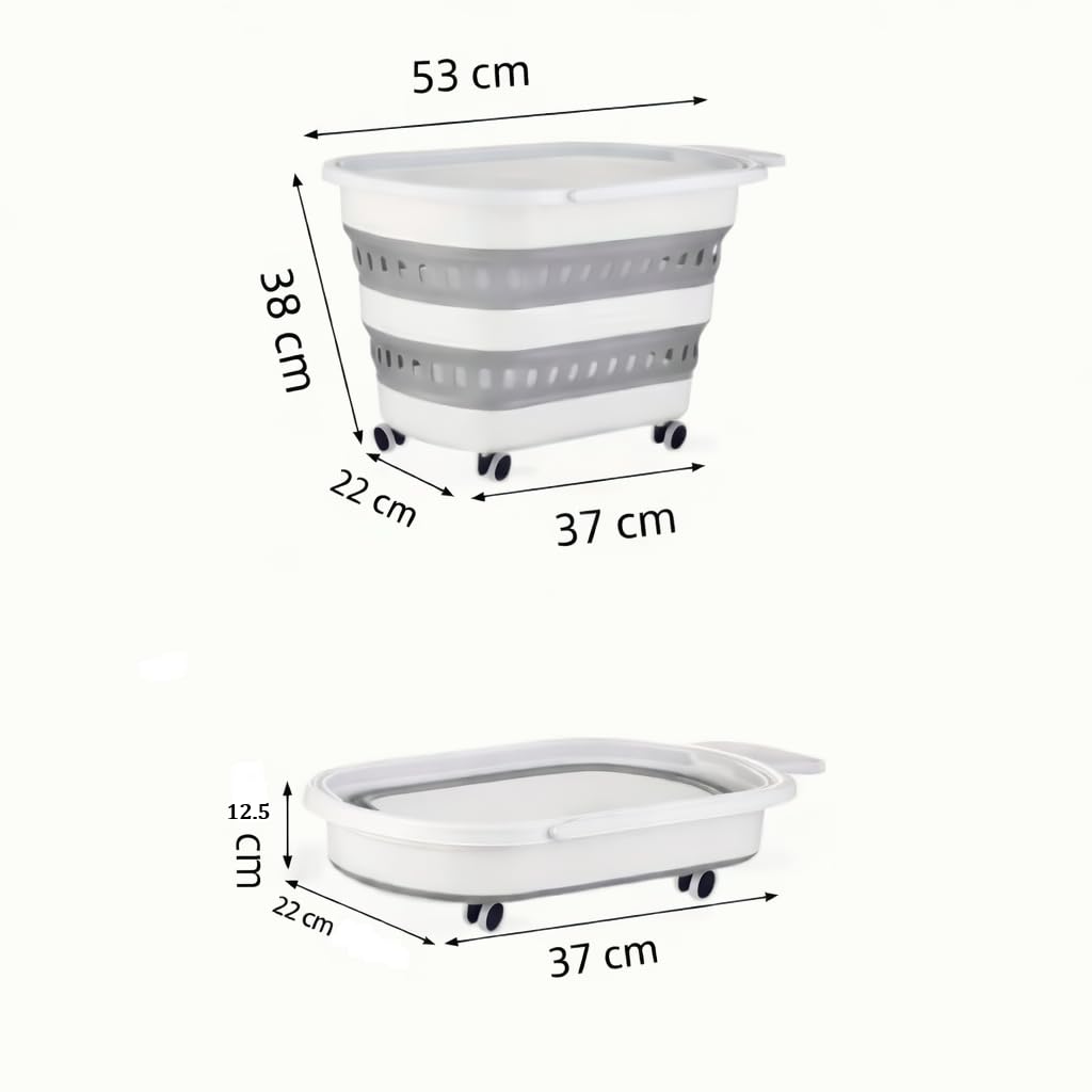 Wäschekorb, einziehbar und faltbar, mit Rollen, 45 l, Weiß / Grau