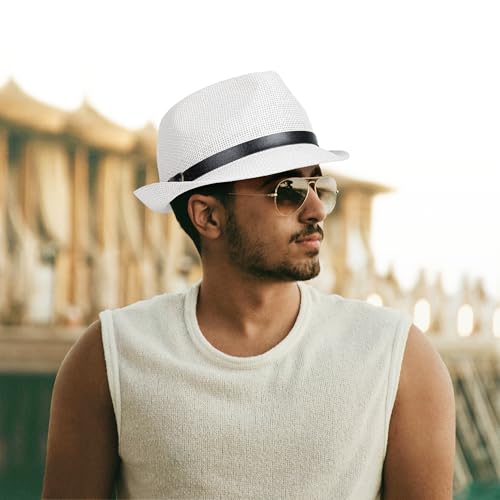 Image of Straw Trilby Fedora Hat for Men Women 1920s Panama Hat Short Brim Summer Beach Sun Hat with Band