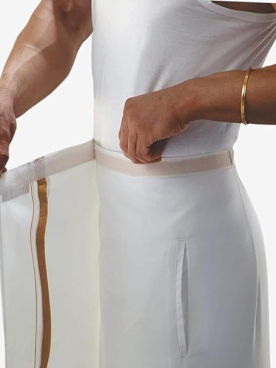 Image of Adjustable 28 to 44 Inches Velcro White Cotton Pocket Dhoti with Gold Jari Border For Mens