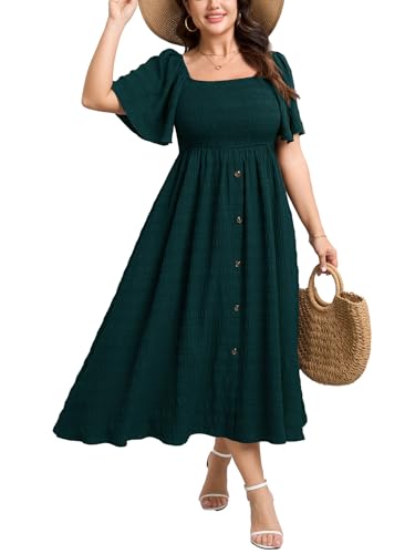 Image of Plus Size Casual Maxi Boho Dress for Curvy Women Short Sleeve Square Neck Smocked Summer Beach Dresses Button Down