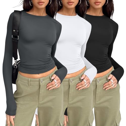 AUTOMET 3 Pack Womens Long Sleeve Crop Tops Basic Fitted T Shirts Slim Fit Crew Neck Y2K Layering...