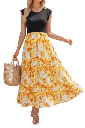 Image of OUGES Women's Maternity Dress Summer Ruffle Sleeve Patchwork Casual Flowy Maxi Dresses with Pockets