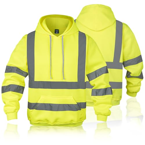 RadiantGear High Visibility Safety Sweatshirt for Men, Class 3 Reflective Zippered Hooded Sweatshirt, Hi-Vis Safety Hoodie with Yellow(M-3XL)