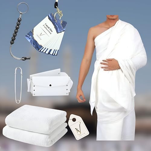 Viewstar Ihram Set for Men 5 Pcs Hajj & Umrah Ahram Towels with Built-in Belt Bag Ahram Bag Umrah Dua Card Tawaf Counter Tasbeeh & Pins