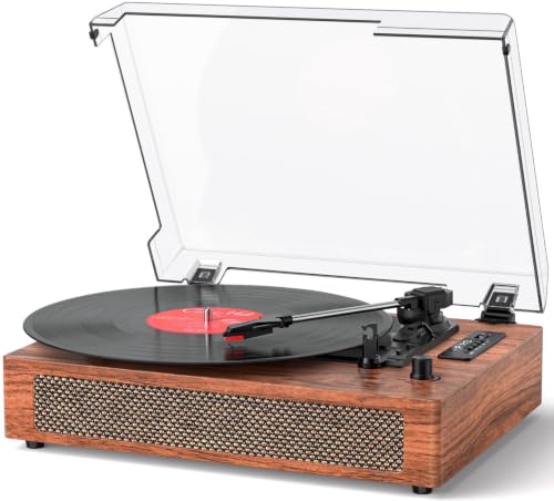 Vinyl Record Player Vintage Turntable with Built-in Stereo Speakers, Bluetooth, USB Recording & Playback, 3-Speed Belt Drive Turntable for Vinyl Records, AUX,RCA Ouptut -Retro Wood