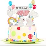 🦄Unicornio Happy Birthday Cake Toppers Incluyendo: 2 Unicornios, 1 * Rainbow, 6 * globos, 2 * nube blanca, 4 * palo de soporte inferior, 1 * Happy Birthday Toppers.
