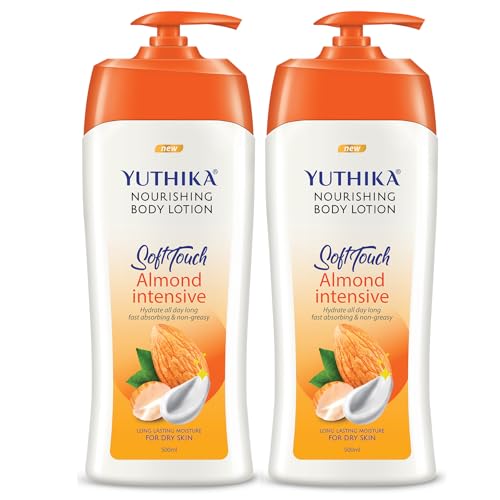 Image of Yuthika Body Lotion Almond Nourish 500ml Pack of 2 Body Lotion - Hydrating Moisturizer for Women & Men, Non-Irritant & Non-Sticky, 24H Hydration for Dry Skin