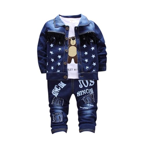 Vuncio Ensemble Bebe Garcon 6-36 Mois a La Mode Ensemble 3 Pieces Garcon Pantalon Jeans + Haut Veste Denim Manche Longue + T-Shirt Hiver Mignon Dessin Animé Casual (Blue, 2-3 ans)