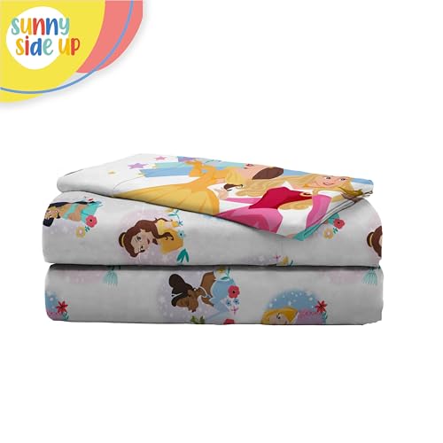 Image of Sunny Side Up Disney Princess Twin Sheet Set - 3 Piece Kids Bedding Set Includes Pillow Cover - Super Soft Rainbow Microfiber Sheets Features Moana, Belle & Rapunzel