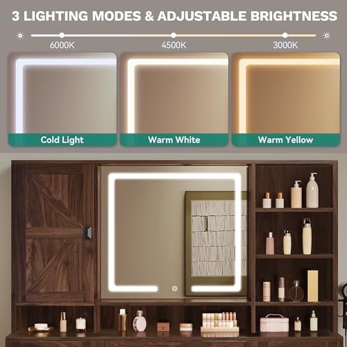 DWVO L Makeup Vanity Desk with Mirror and Lights, Farmhouse Big Lighted Vanity Table Set with 6 Drawers and Cabinet Shelves, 360° Rotation Large Dressing Table for Bedroom, Brown