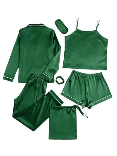 Image of LYANER Women's Silky Satin Pajamas Set | Collar Button Down Long Sleeve Shirt Sleeveless Cami Elastic Waist Shorts and Pants Sleepwear Loungewear 7pcs Pjs Set