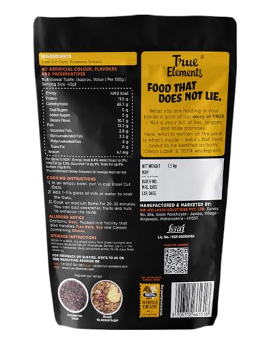 Image of True Elements Steel Cut Oats 1.5kg - Oats | Healthy Source of Protein | Diet Food | 100% Wholegrain | Cereal for Breakfast