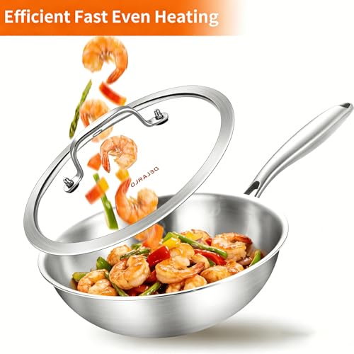Image of DELARLO Whole Body Tri-Ply Stainless Steel Wok 9.45 inch, Deep Kitchen Stir-Fry Pan, Small Wok Pan with Lids, Induction Mini wok, Suitable for All Stove, Up to 600℉, Detachable Handle
