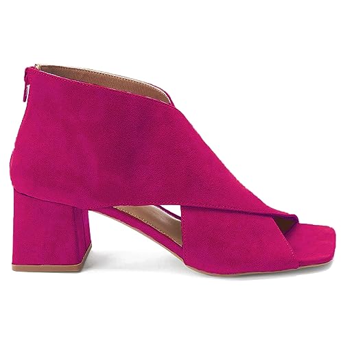 LEHOOR Women Chunky Heel Open Toe Booties Suede Side Cut-Out Ankle Boots Square Peep Toe 2 Inch Block Mid Heels Dress Heeled Sandal Booties Back Zipper Summer Casual Size 4-11 M US3