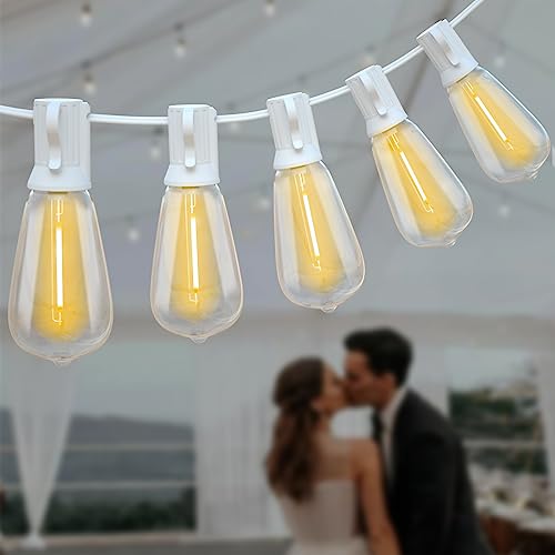Achin Outdoor String Lights White 100Ft LED Patio Lights Outdoor Waterproof with 50+2 Shatterproof ST38 Bulbs 2200K Dimmable String Lights for Outside Backyard Party Wedding, White Cord by Achin - Used condition - US$32.62
