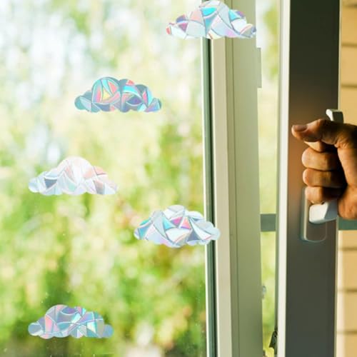 Image of GORGECRAFT 16Pcs Cloud Window Stickers Rainbow Sliding Door Clings Plastic Waterproof Reusable Static Prismatic Non Adhesive Suncatcher Decals for Save Birds from Collisions Home Door Decorations