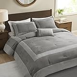 Madison Park Darcey Cozy Comforter Set, Faux Suede, Deluxe Hotel Styling All Season Down Alternative Bedding Matching Shams, Decorative Pillow, Full/Queen(90 in x 90 in), Border Grey 4 Piece