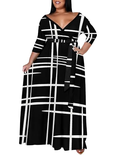 Image of PinkPatty Women's Plus Size Maxi Dress Print 3 /4 Sleeves V Neck Party Sundress Wedding Guest Dresses